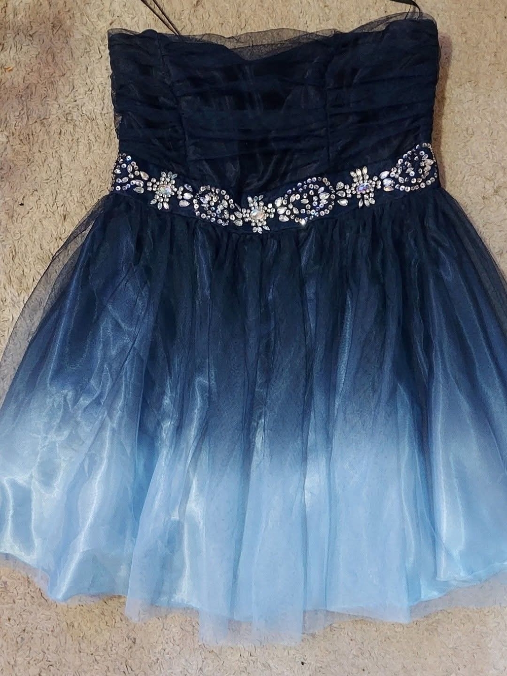 Navy to Light Blue Ombre Tulle Party Dress with Jeweled Waist